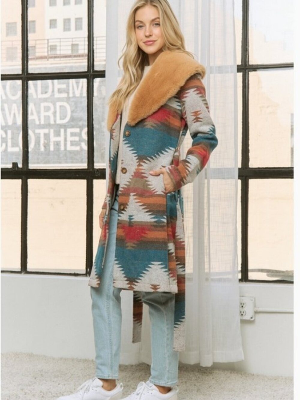 Aztec Jacket Shacket with Contrast Fur Showl Collar - Picture 8 of 13